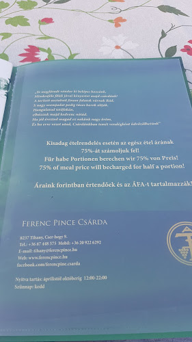 Ferenc Pince Csárda - Vendéglátás
